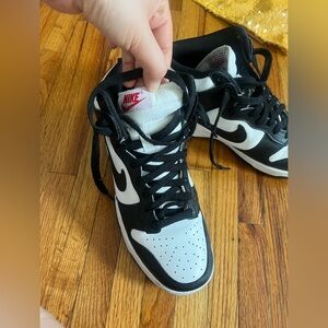 Nike Black and white high top dunks  with Red Logo